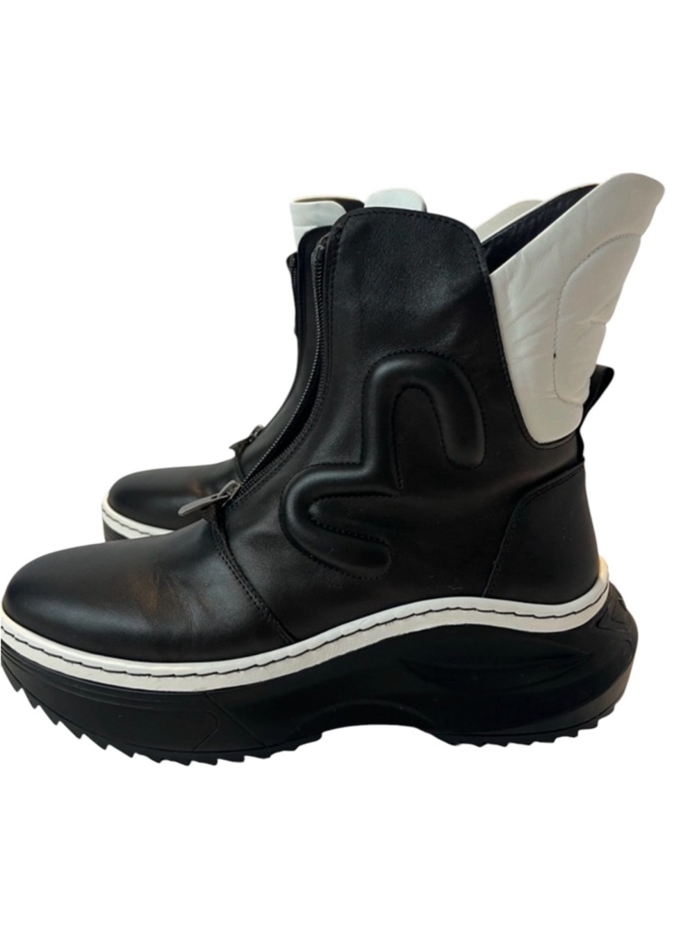 Designer Chunky Leather Ankle Boots Black White EU 40 (US 9) Platform Lug Sole